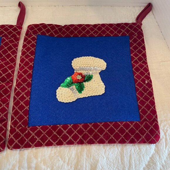 Vintage Red & Blue Christmas Pot Holders With Sequin Boot Design Quilted Set Of - Picture 4 of 9
